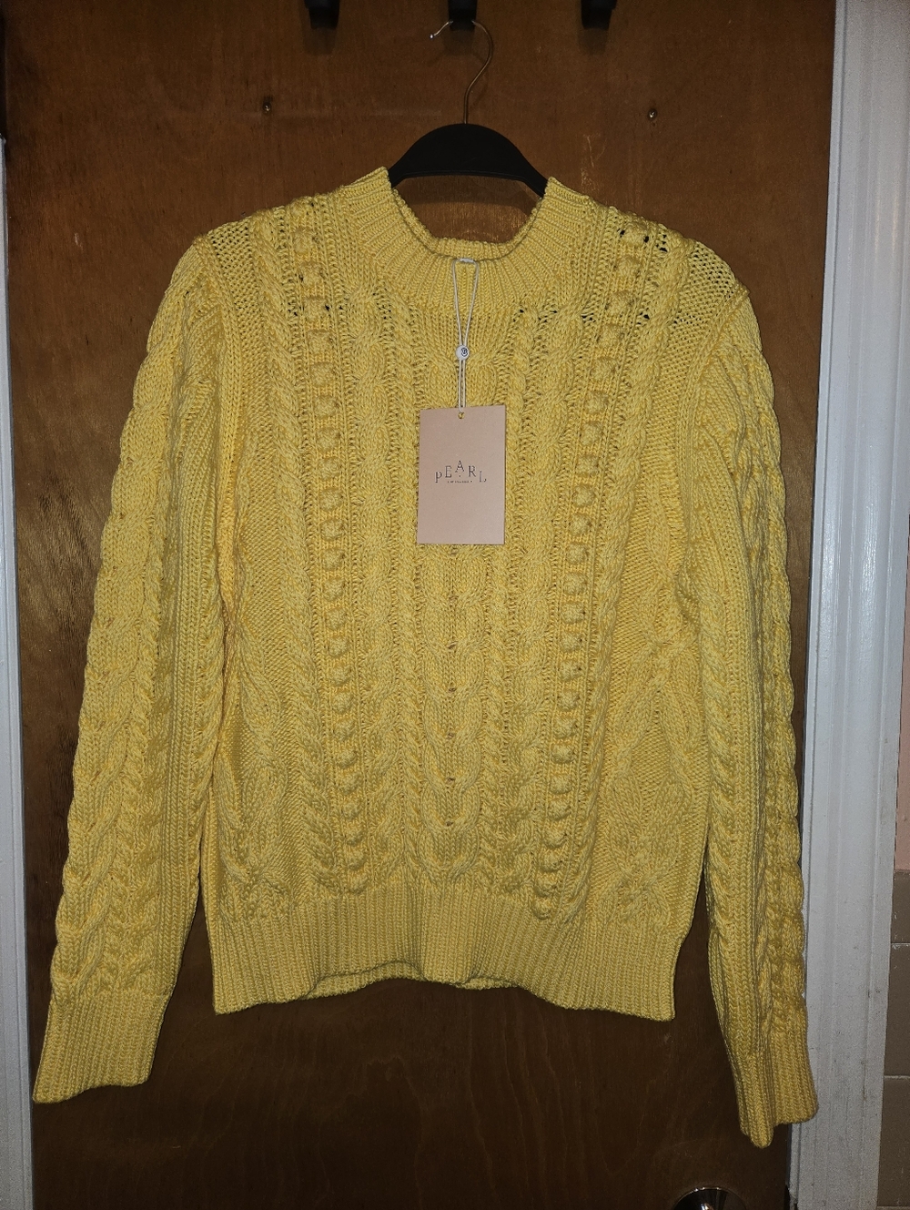NWT PEARL by Lela Rose Bright Lemon Yellow Cable Knit Cotton Crewneck Sweater